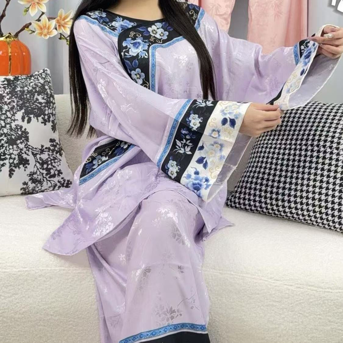 Qing Dynasty Princess Pajama Set – Vintage Court Floral Jacquard, Long-Sleeve