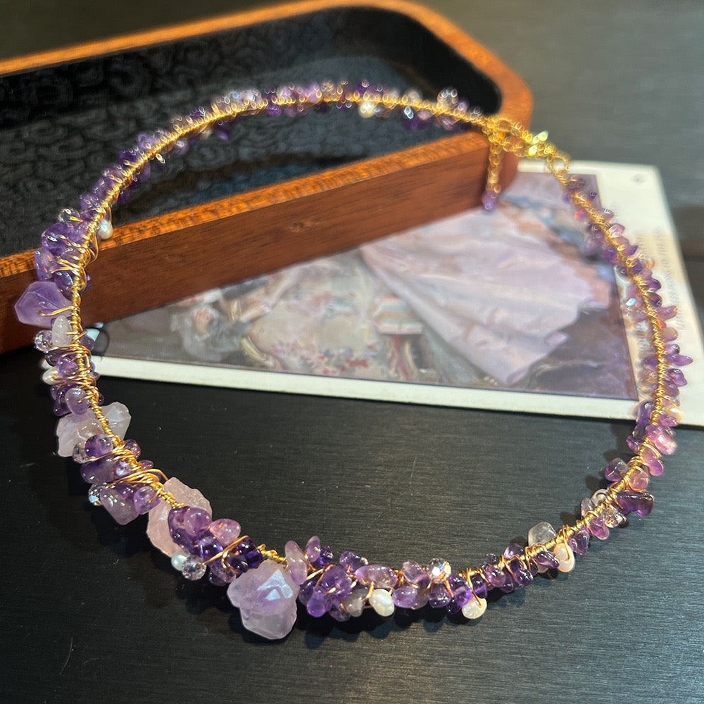 Raw Amethyst Choker & Bracelet Set – Natural Purple Crystal Jewelry | French Boho Style