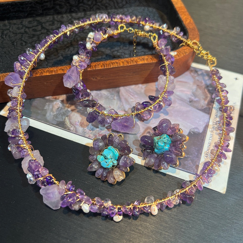 Raw Amethyst Choker & Bracelet Set – Natural Purple Crystal Jewelry | French Boho Style