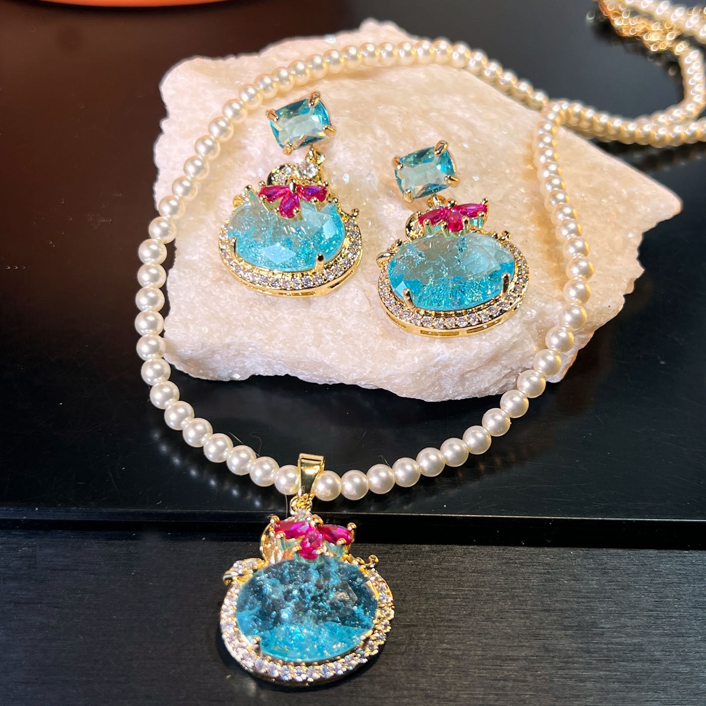 Ice Blue Duo – S925 Silver Earrings & Necklace Set | Paraiba Style Ice-Cut Zirconia