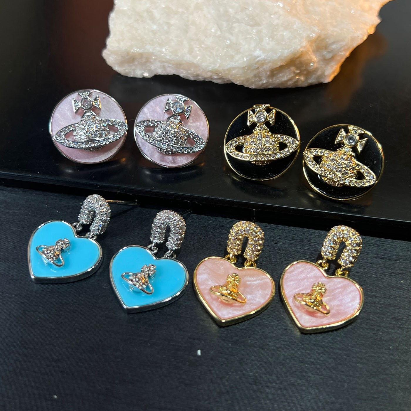 London Muse Set – Heart & Circle Crystal Earrings