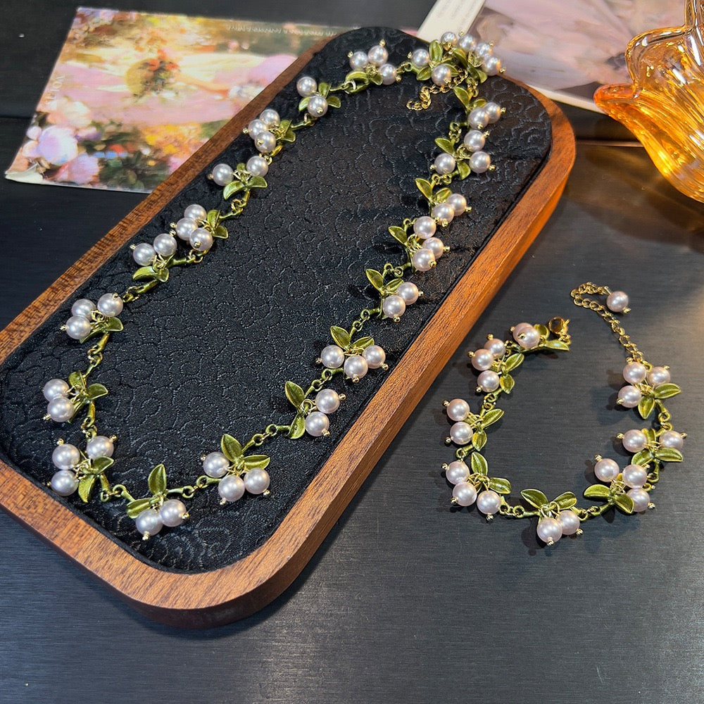 Forest Vintage Set – Natural Agate & Pearl Necklace & Bracelet | French Boho Style