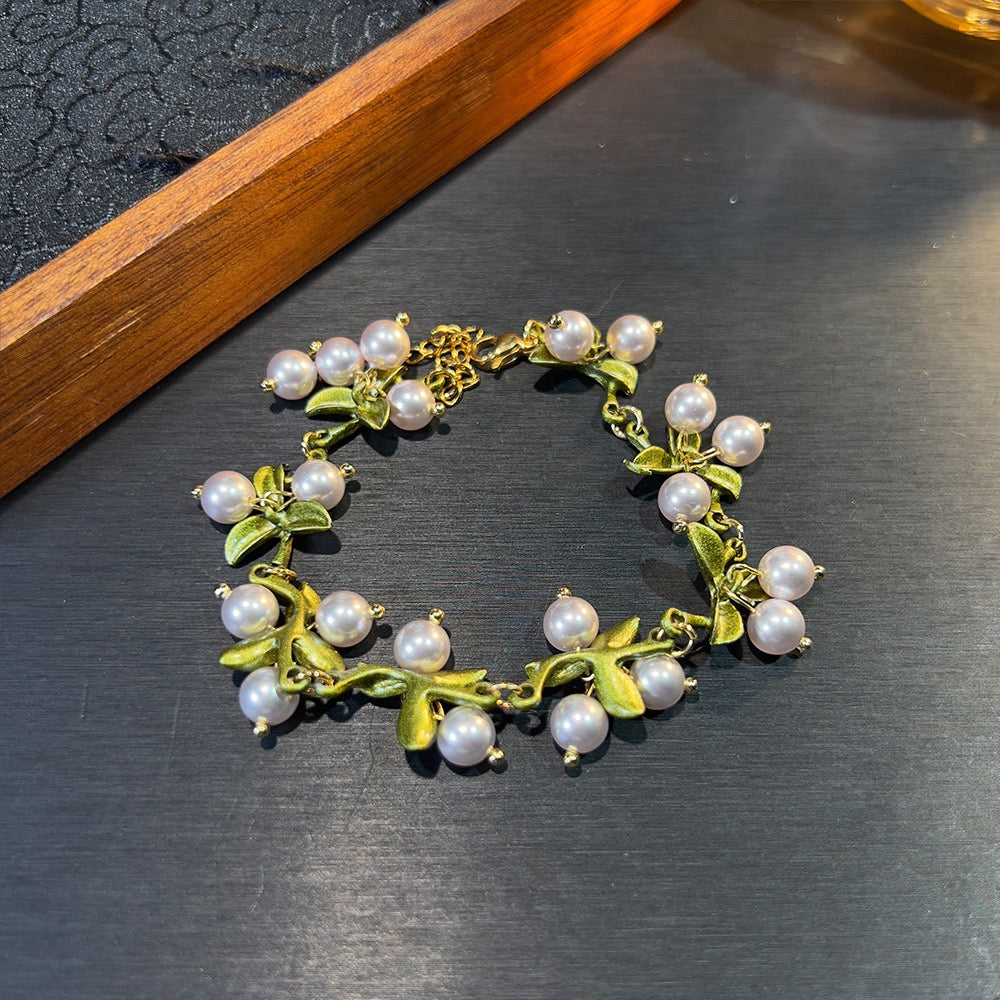 Forest Vintage Set – Natural Agate & Pearl Necklace & Bracelet | French Boho Style