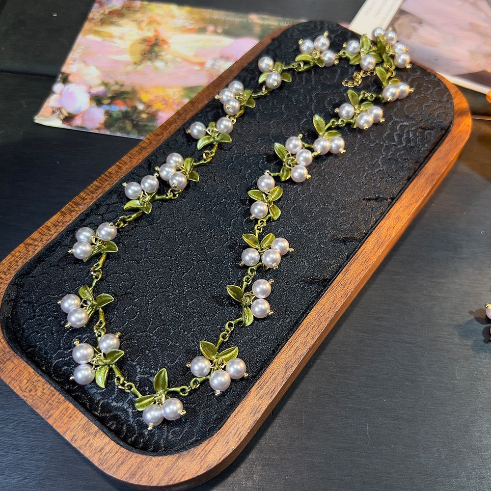 Forest Vintage Set – Natural Agate & Pearl Necklace & Bracelet | French Boho Style