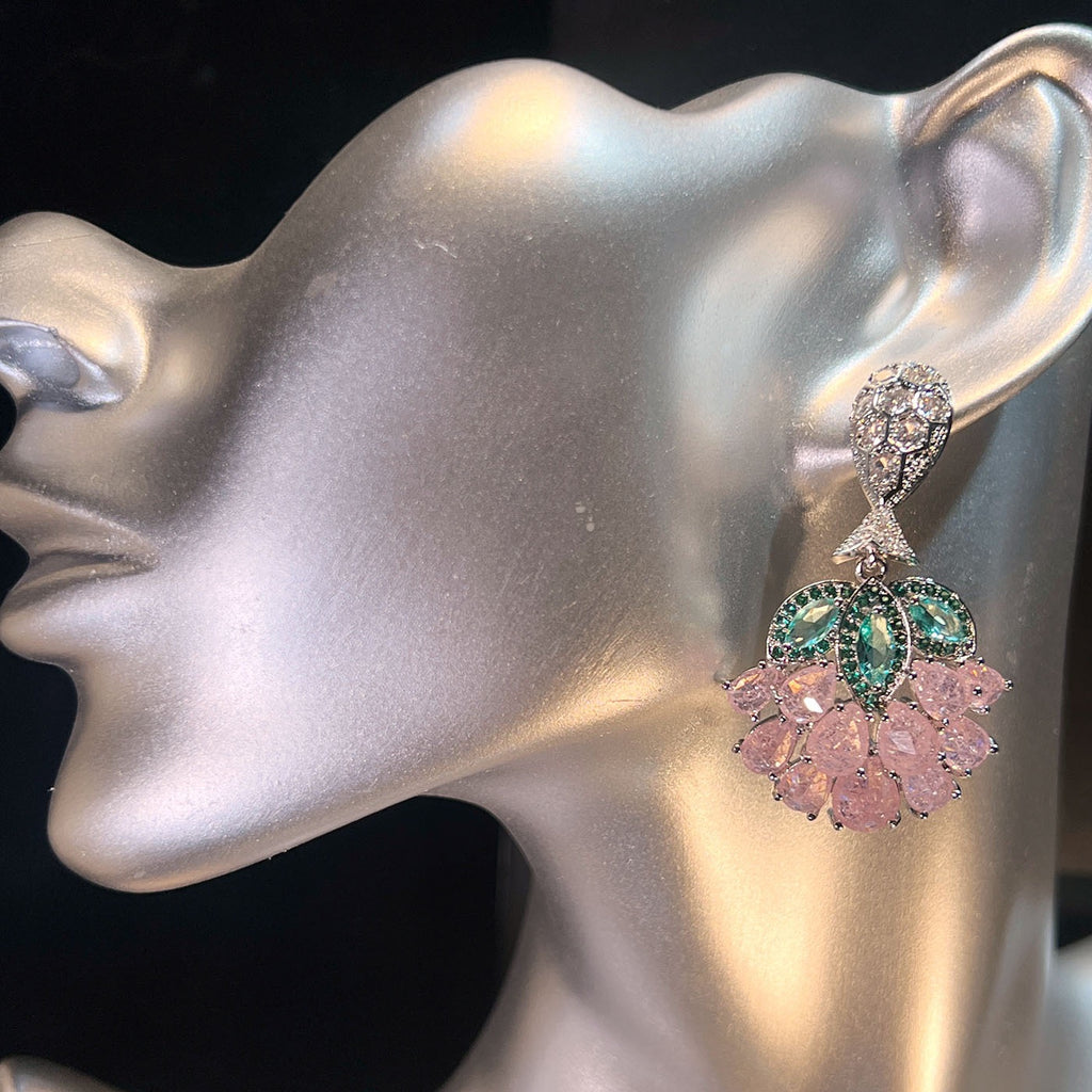 Garden Bloom Studs – Leaf Accent Pink Crystal Earrings