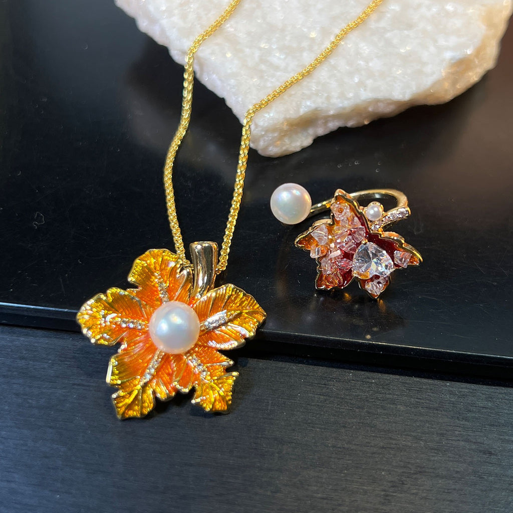 Ginkgo Blessing Duo – Adjustable Crystal Necklace & Pearl Open Ring Set