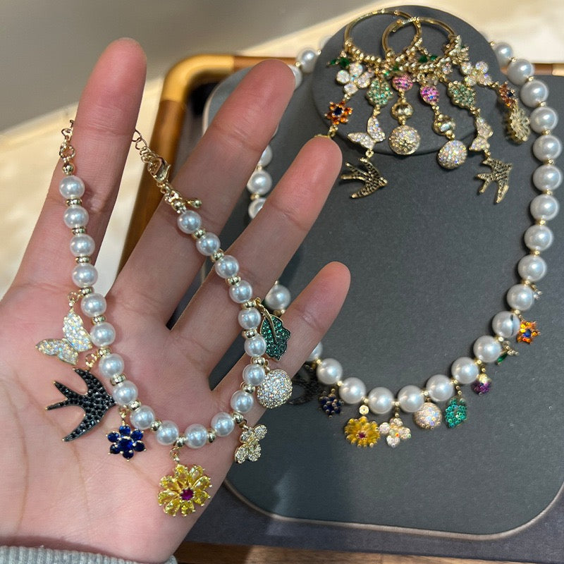 French Floral Serenade Set – Pearl & Zirconia Tassel Necklace, Bracelet & Earrings