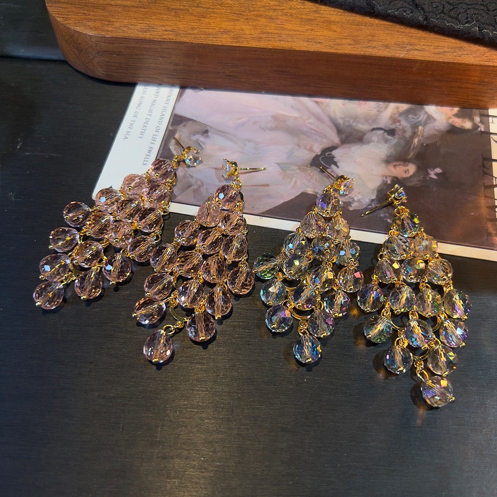 Crystal Cascade Earrings – Pink & White Chandelier Design
