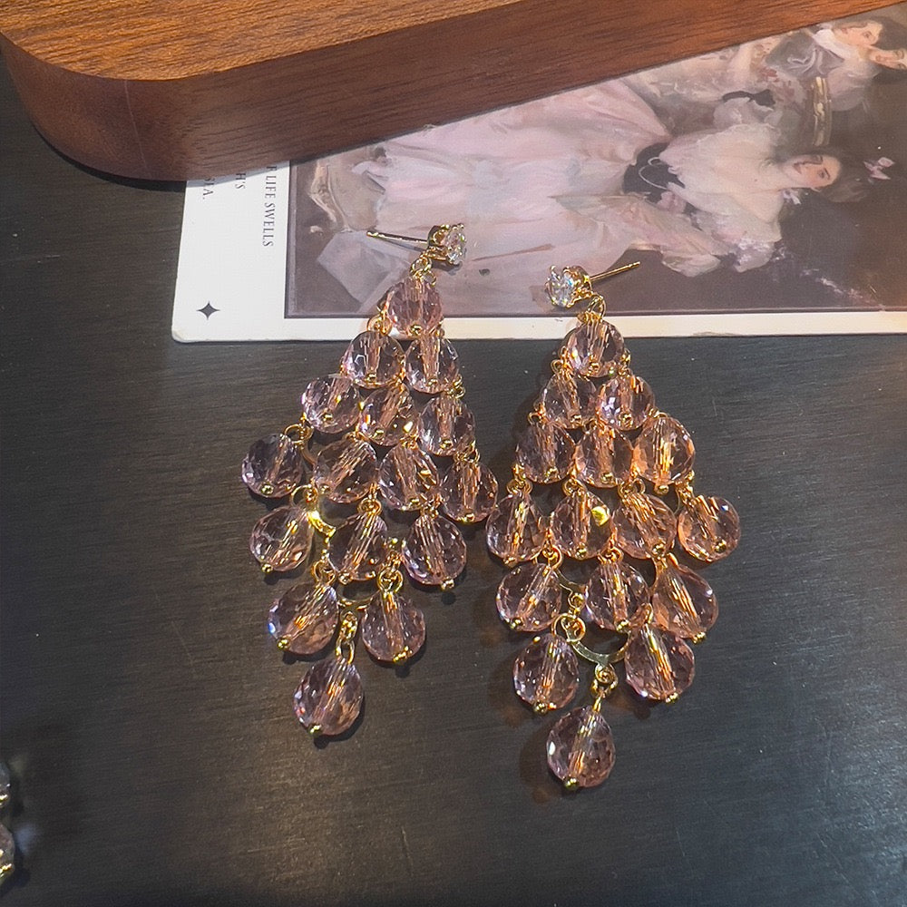 Crystal Cascade Earrings – Pink & White Chandelier Design