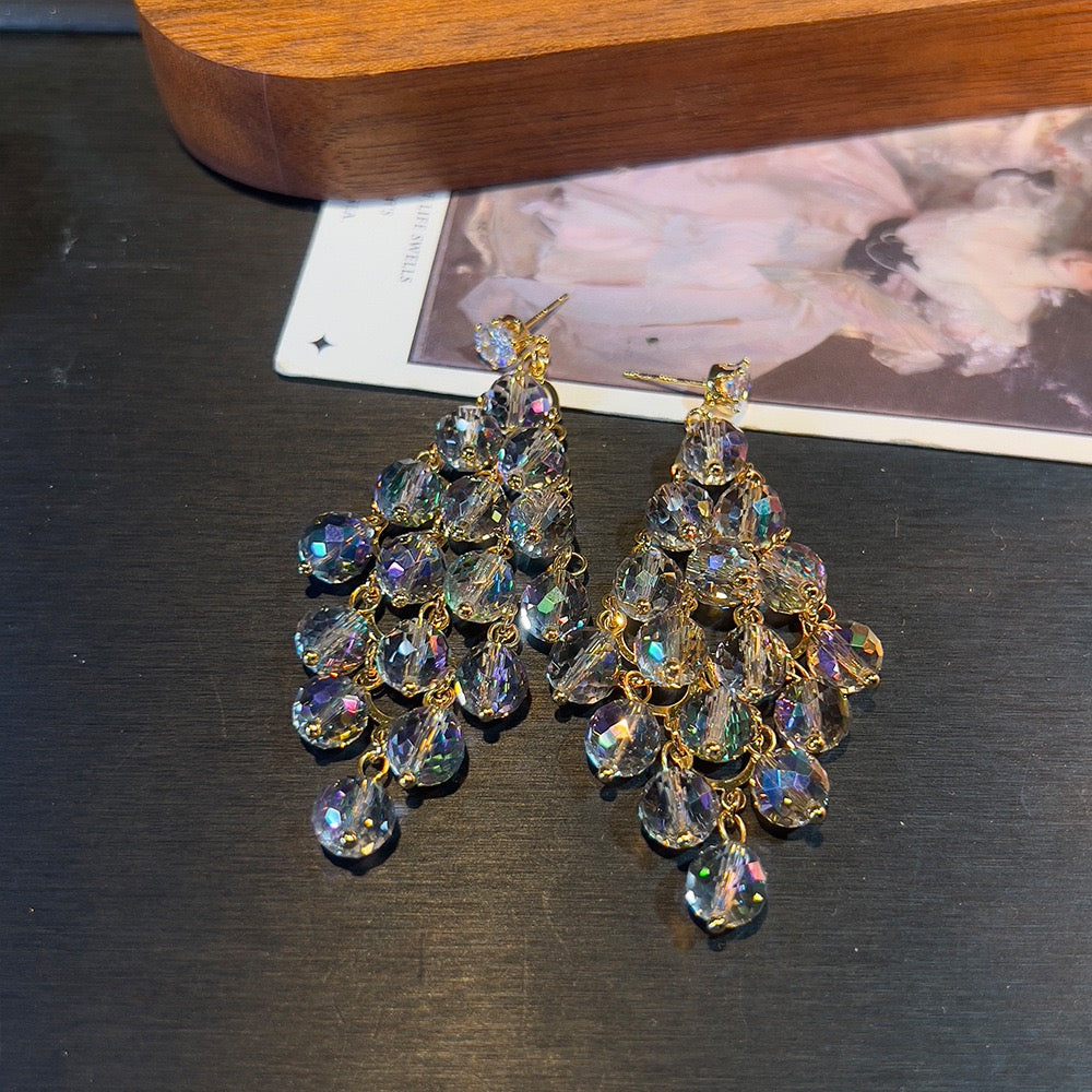 Crystal Cascade Earrings – Pink & White Chandelier Design