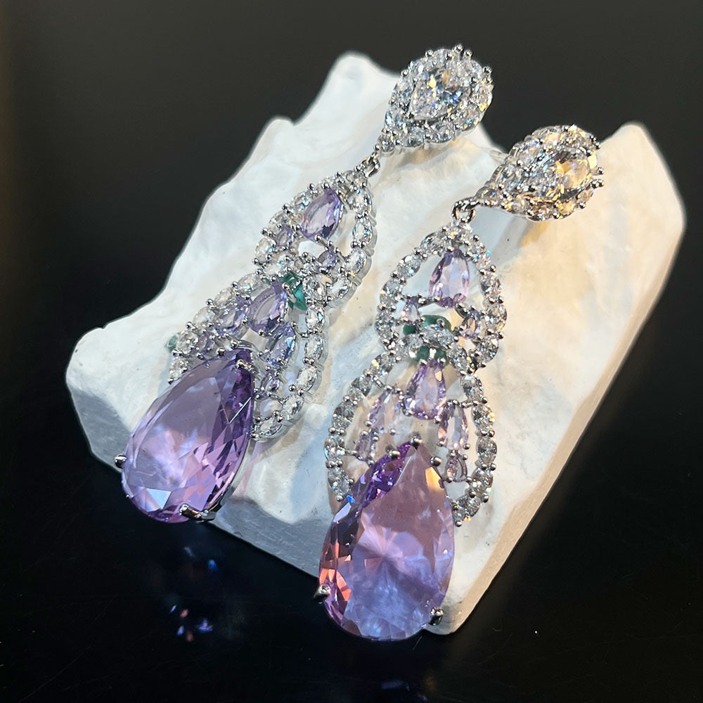 Amethyst Aura Earrings – 3A Zirconia French Vintage Style Purple Statement Earrings