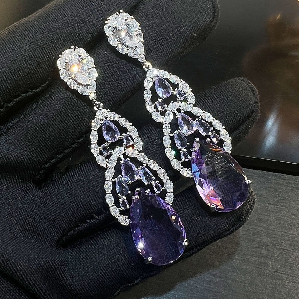Amethyst Aura Earrings – 3A Zirconia French Vintage Style Purple Statement Earrings