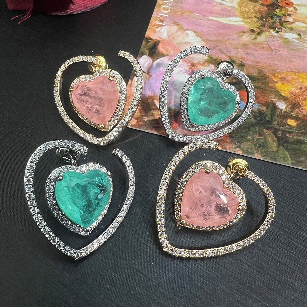 2-in-1 Heart Ice-Cut Earrings – Convertible Stud & Drop | Green & Pink