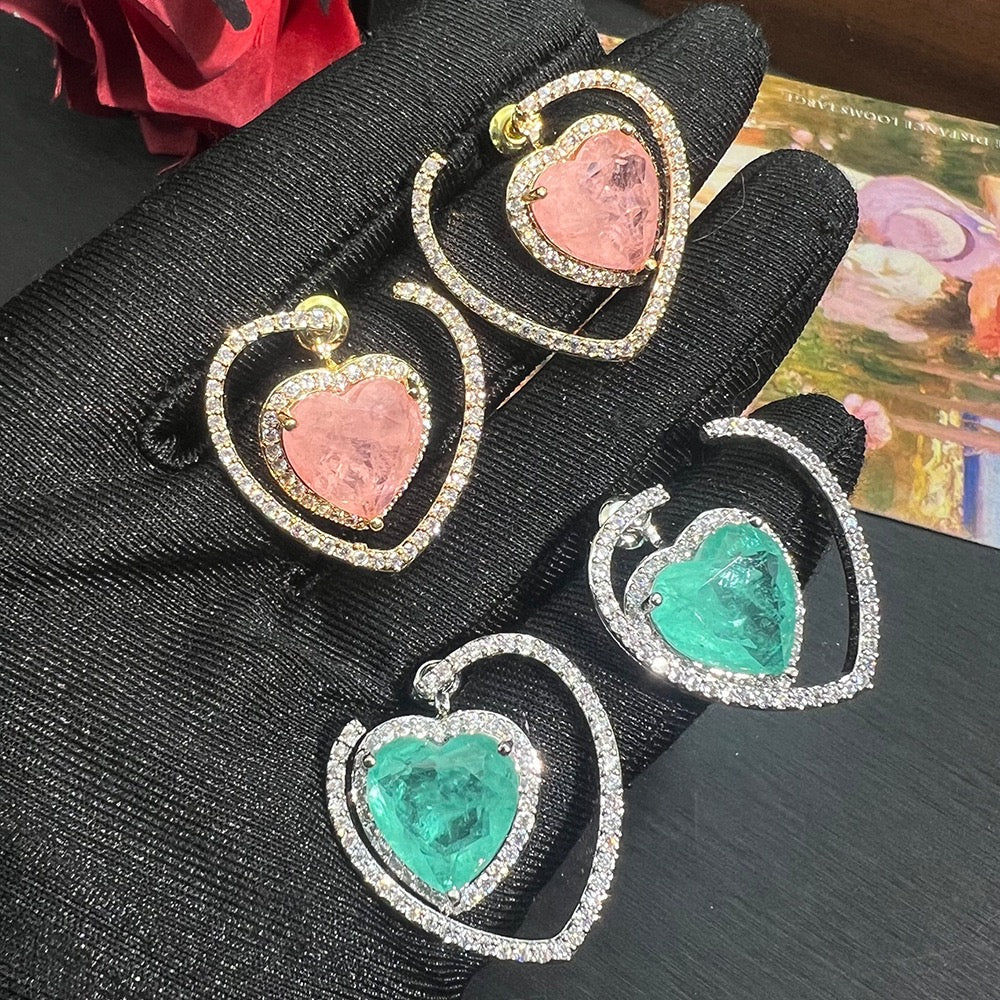 2-in-1 Heart Ice-Cut Earrings – Convertible Stud & Drop | Green & Pink