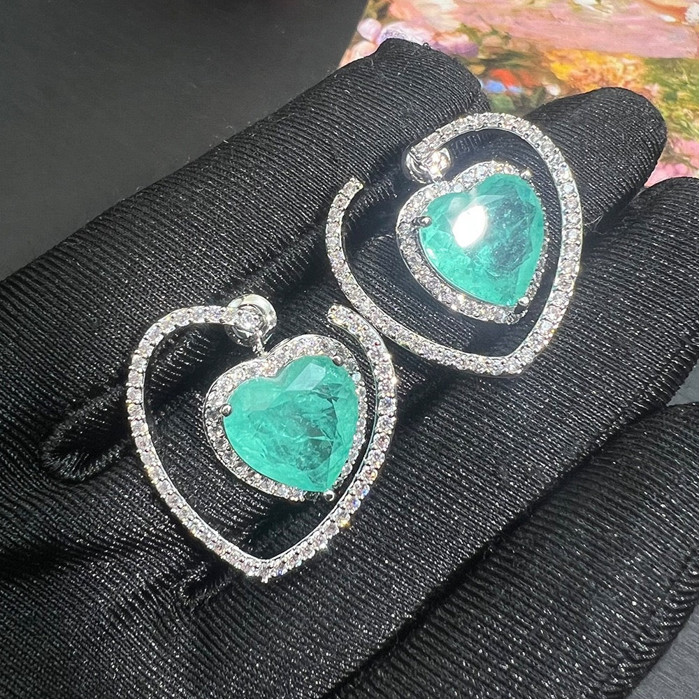 2-in-1 Heart Ice-Cut Earrings – Convertible Stud & Drop | Green & Pink