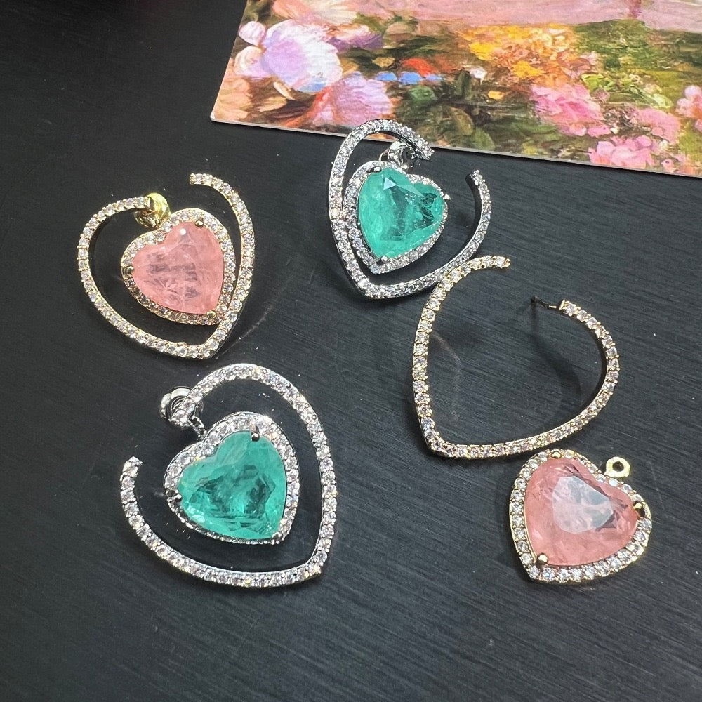 2-in-1 Heart Ice-Cut Earrings – Convertible Stud & Drop | Green & Pink