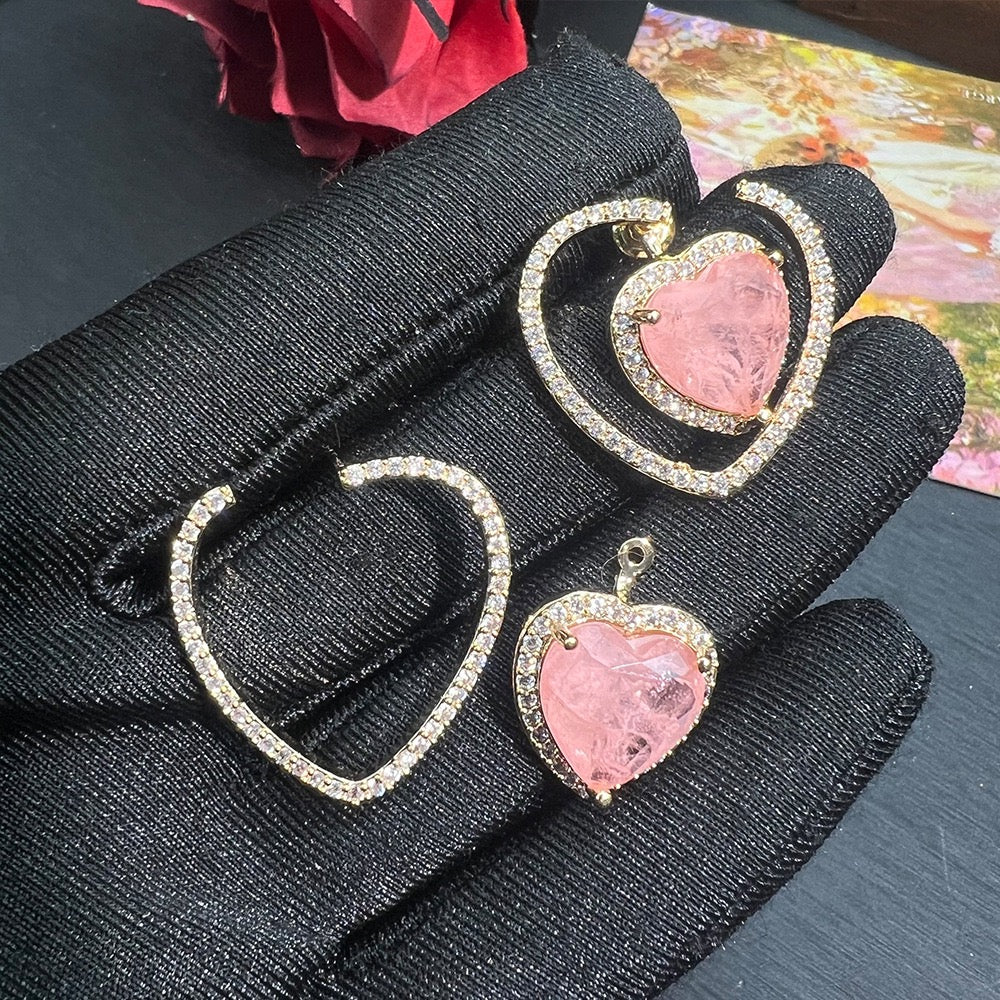 2-in-1 Heart Ice-Cut Earrings – Convertible Stud & Drop | Green & Pink