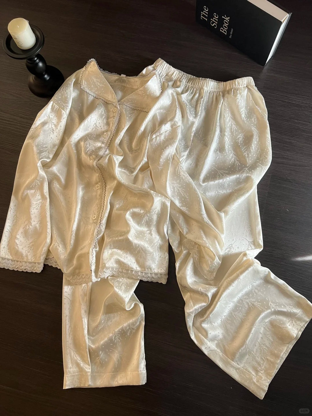 Light Luxury Lace Ice-Silk Pajama Set – Long Sleeve + Long Pants, S-3XL
