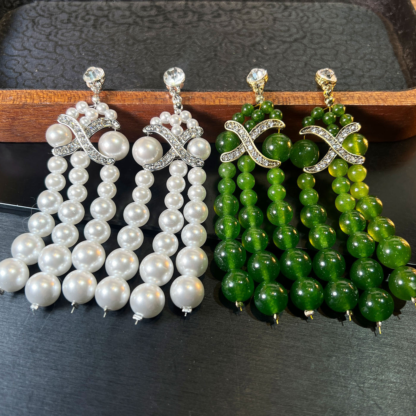 Agate Tassel Statement Earrings – Green or White, Vintage Court Style