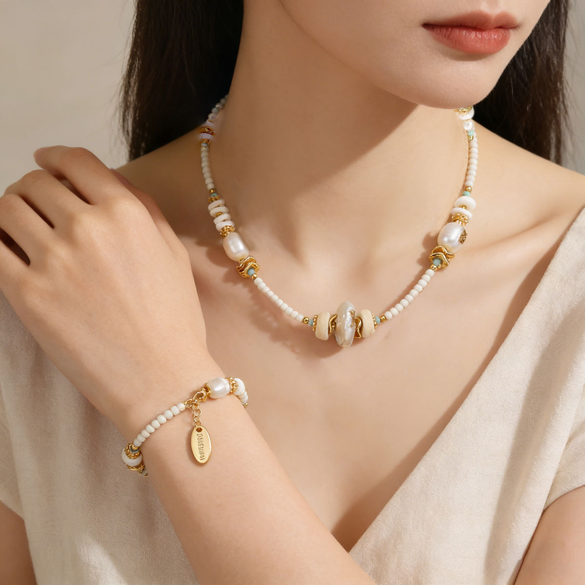3-Material Pearl Set – Natural Stone, Pearl & Shell with 18K Gold Plating