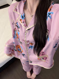 Cooling Ice Silk Pajama Set for Spring/Fall – Oversized Long Sleeve Sleepwear with Colorful Pattern
