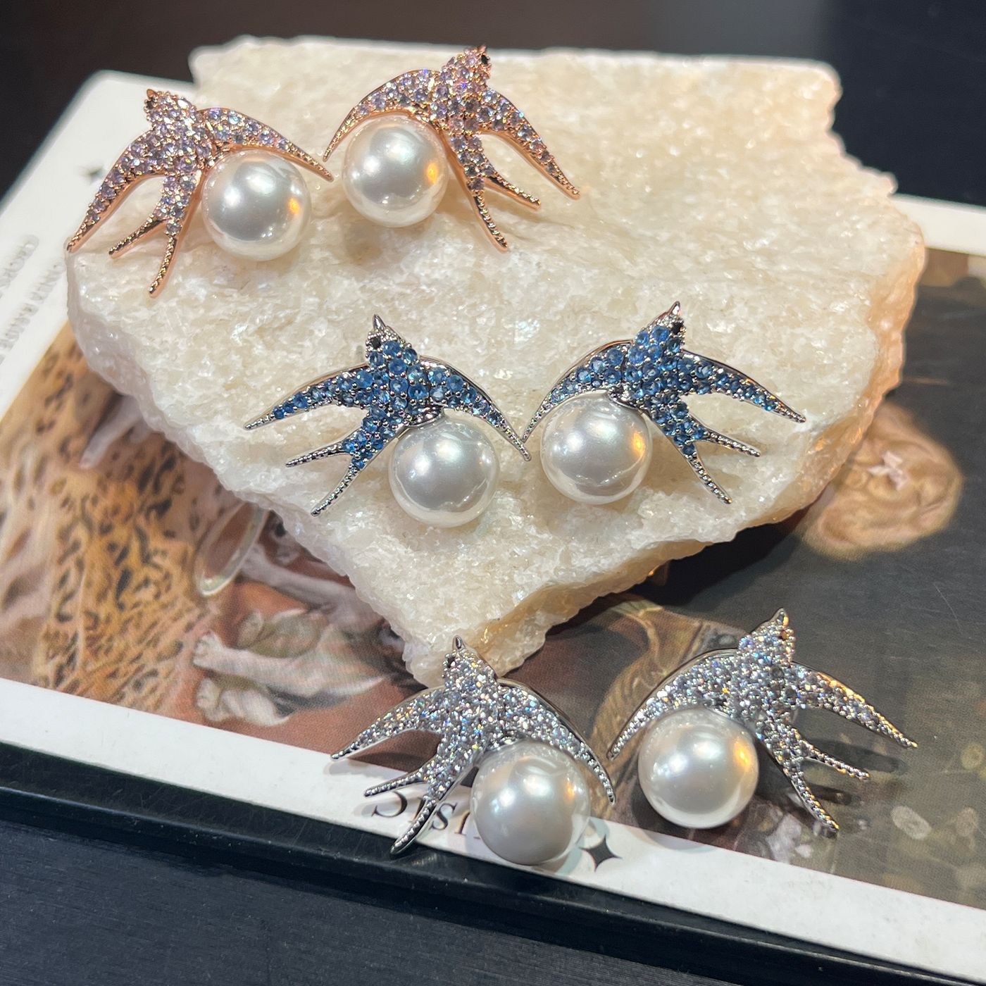 Swallow & Pearl Studs – 925 Silver, Blue/Pink/Silver