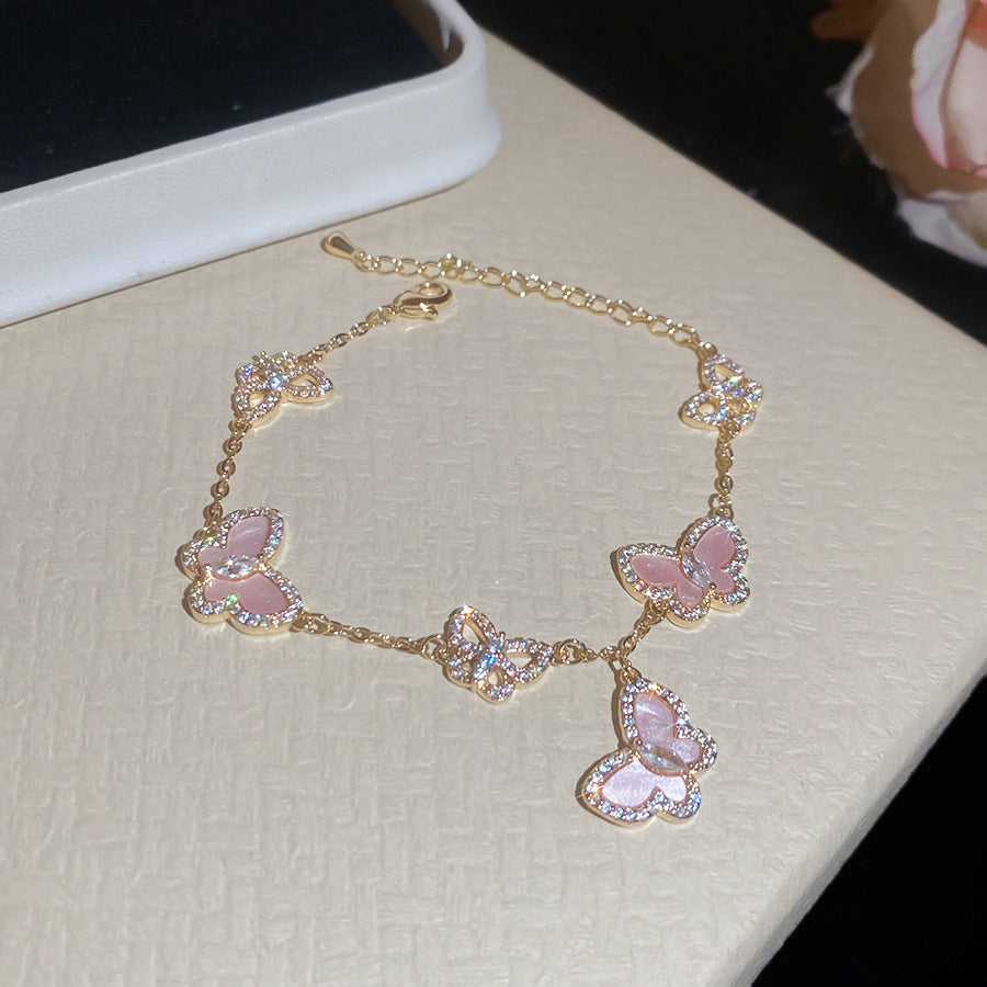 Layered Butterfly Chain Bracelet – Vintage Gold Tone with Purple/Pink/White/Blue Zirconia