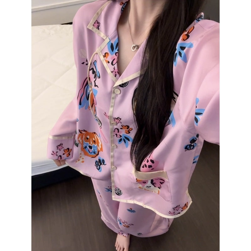 Cooling Ice Silk Pajama Set for Spring/Fall – Oversized Long Sleeve Sleepwear with Colorful Pattern