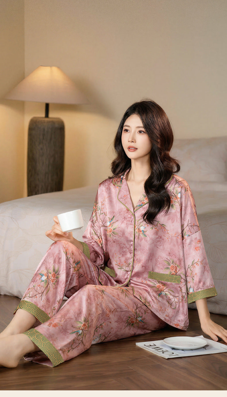 "Pink Shadow" Floral 3-Piece Pajama Set – Loose Fit, Ice-Silk
