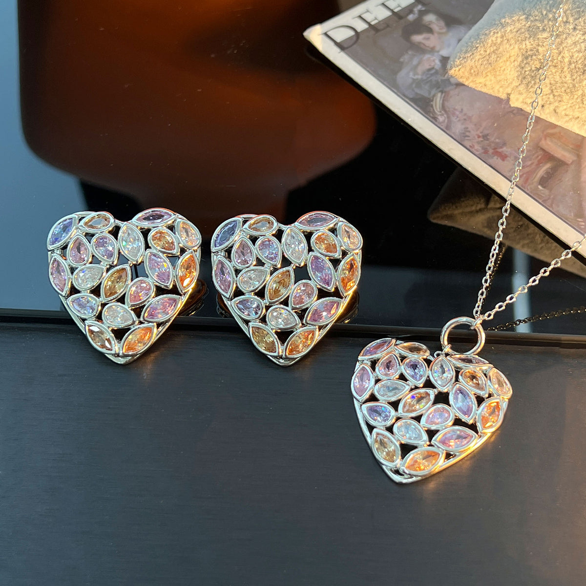 Heavy Work Hollow Heart Necklace & Earrings – Colorful Zirconia