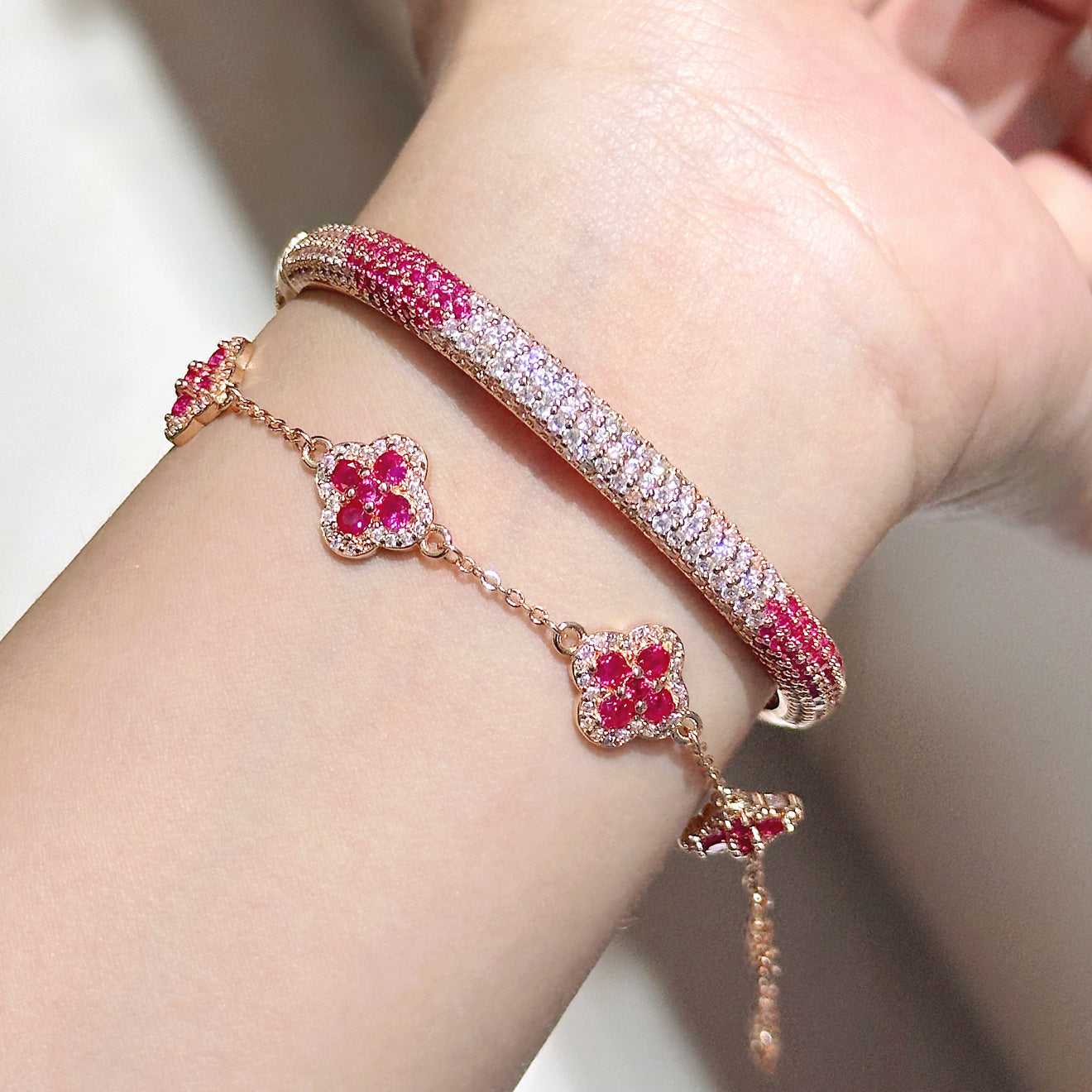 Peach Pink Gradient Full Pavé Bracelet – Champagne Gold