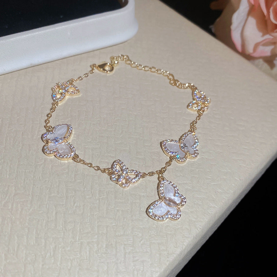 Layered Butterfly Chain Bracelet – Vintage Gold Tone with Purple/Pink/White/Blue Zirconia