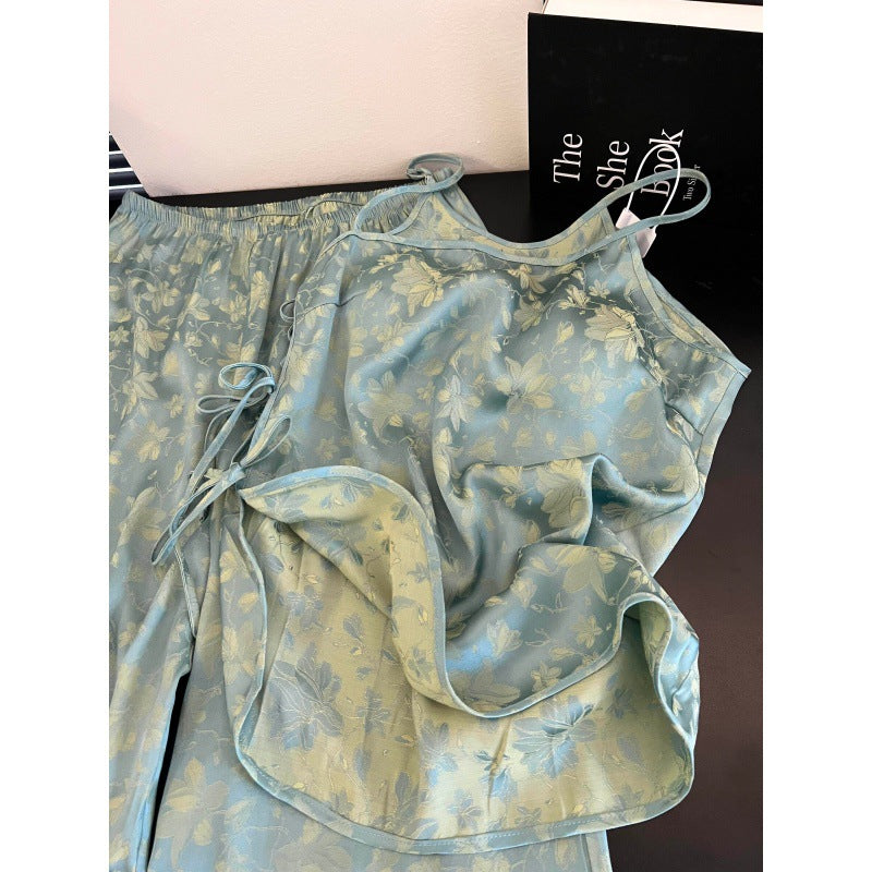 Elegant Chinese-Style Ice-Silk Pajamas – Adjustable Camisole & Wide-Leg Pants