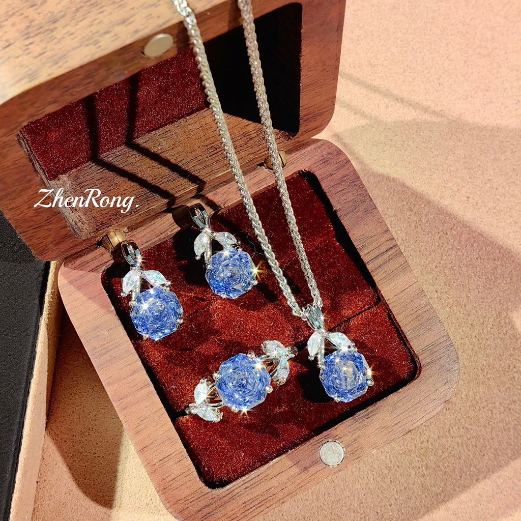 Klein Blue & Rose Gold Zirconia Set – Pendant, Ring & Studs