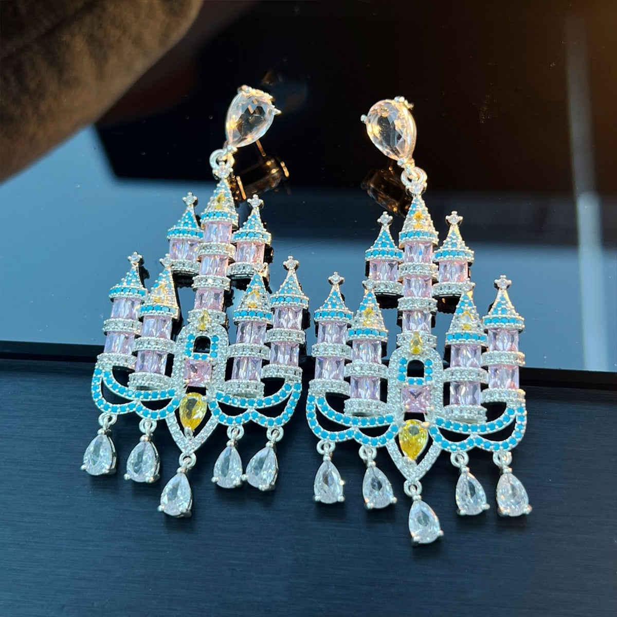 Secret Castle Colorful Zirconia Earrings – Large Statement, 925 Silver