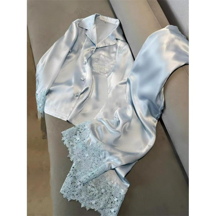 French Chic Lace Ice-Silk Pajama Set – Lightweight Long Sleeve, M-XXL
