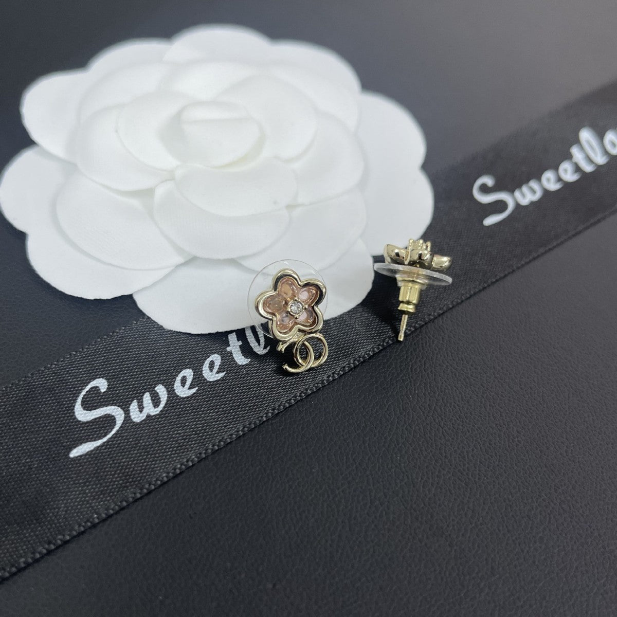 New early spring flower zircon stud earrings pink camellia small double cCC earrings 26CC simple stud earrings women
