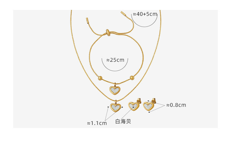Peach heart shell necklace bracelet gentle three-piece couple jewelry set collarbone chain