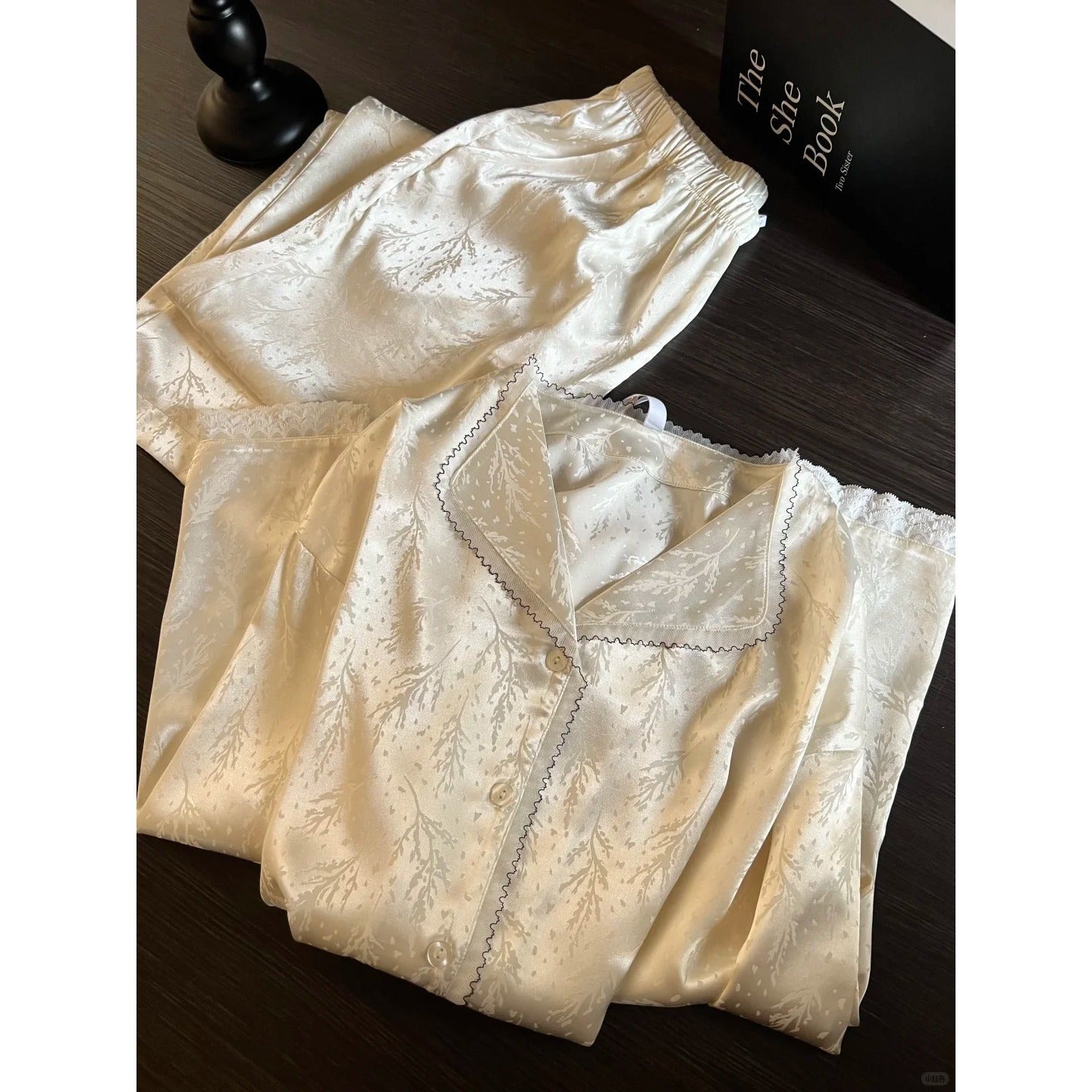 Light Luxury Lace Ice-Silk Pajama Set – Long Sleeve + Long Pants, S-3XL