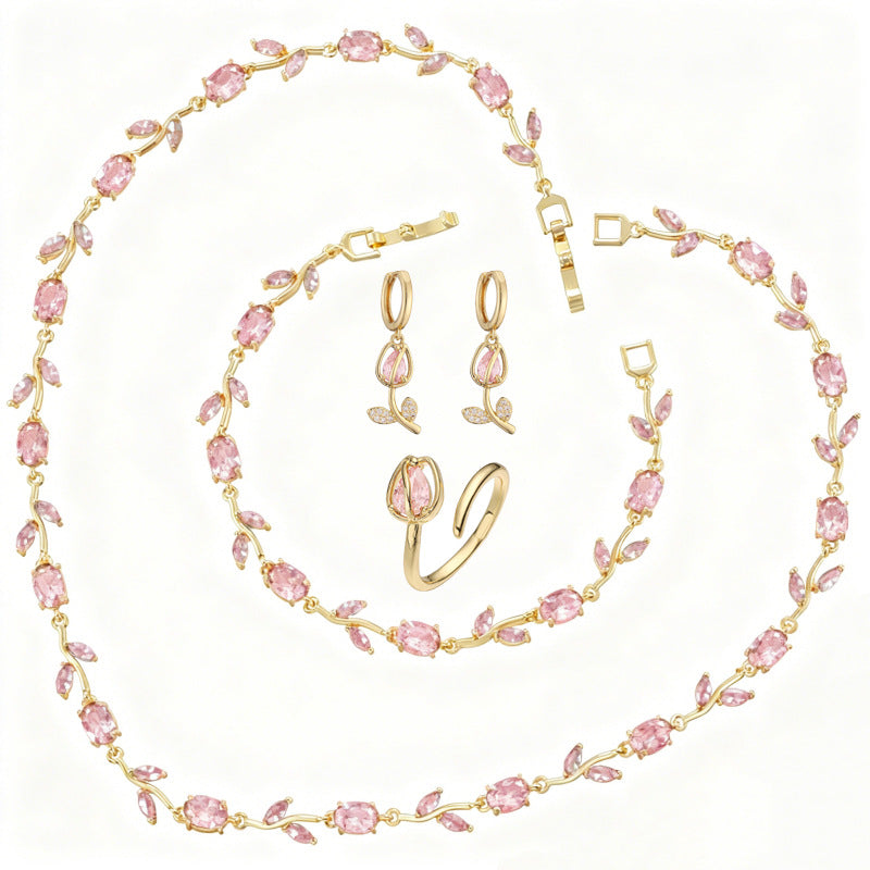 Spring Tulip Set – Sparkling Flower Necklace & Bracelet in Gold or Silver Tone
