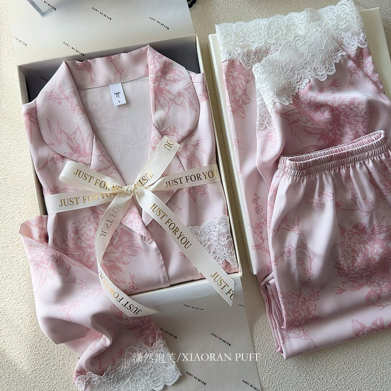 Lace Trim Ice-Silk Pajama Set – Long Sleeve Long Pants, Light Luxury Style