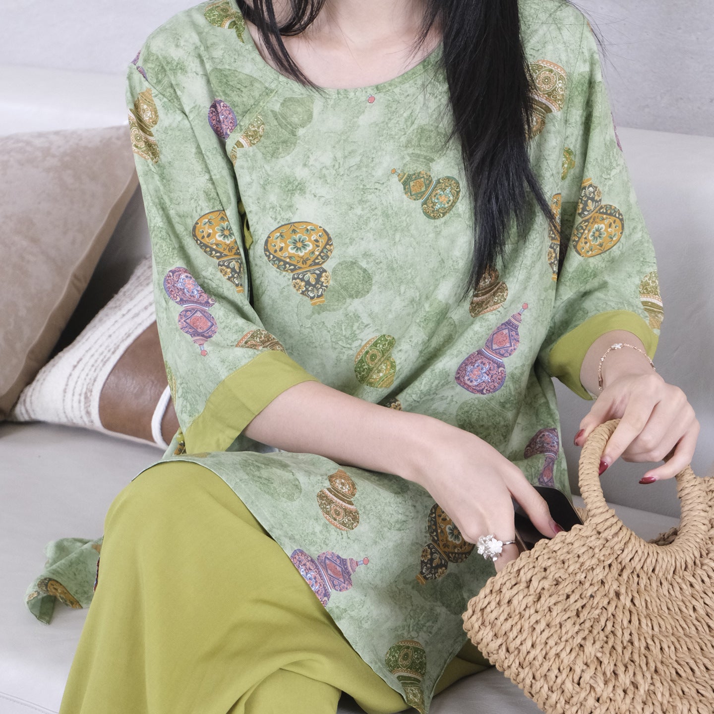 Flowy Wide-Leg Loungewear – Vintage Oriental Print, One Size Fits Most
