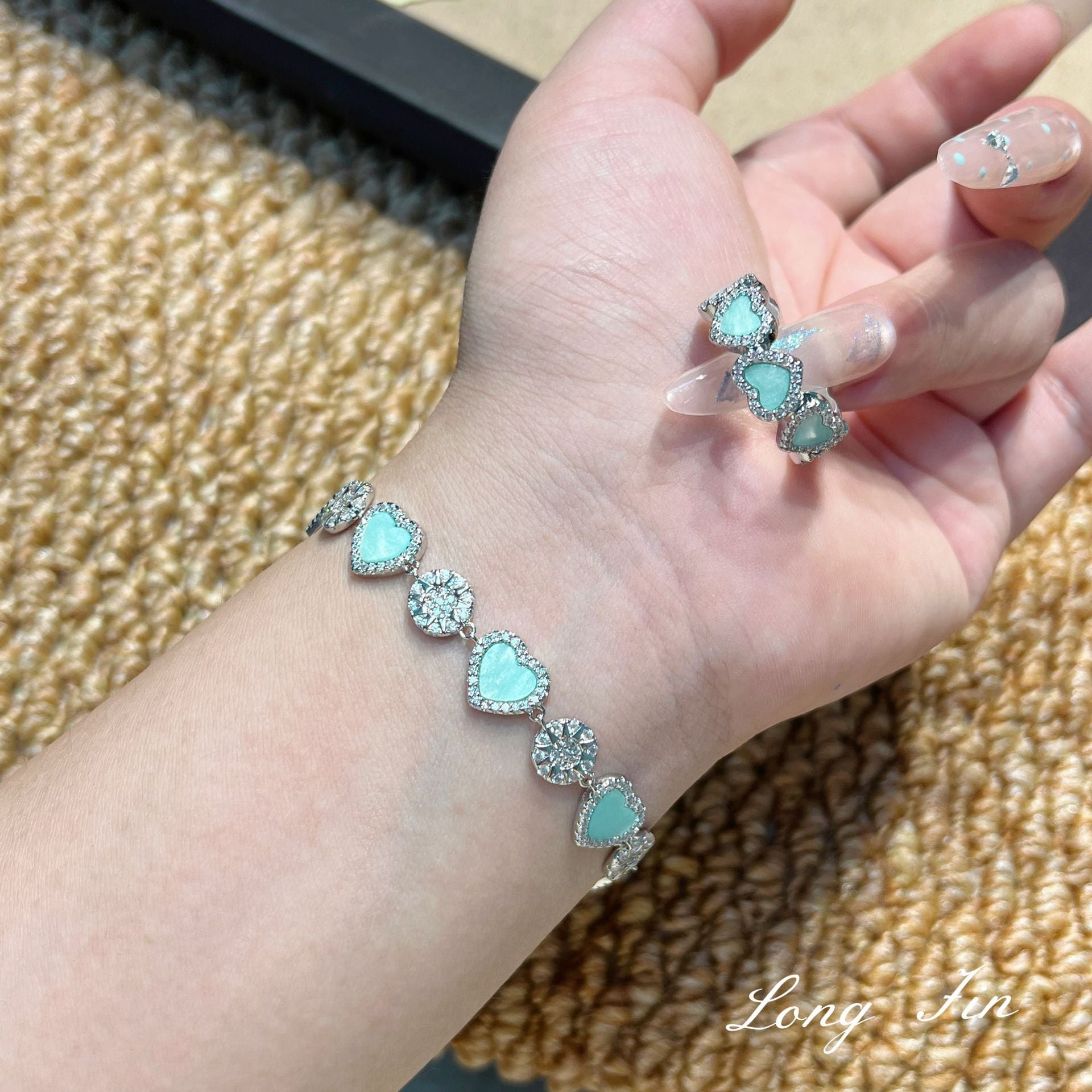 Lovely Heart Jewelry Gift Set – Mint Green Zirconia Necklace, Bracelet & Ring