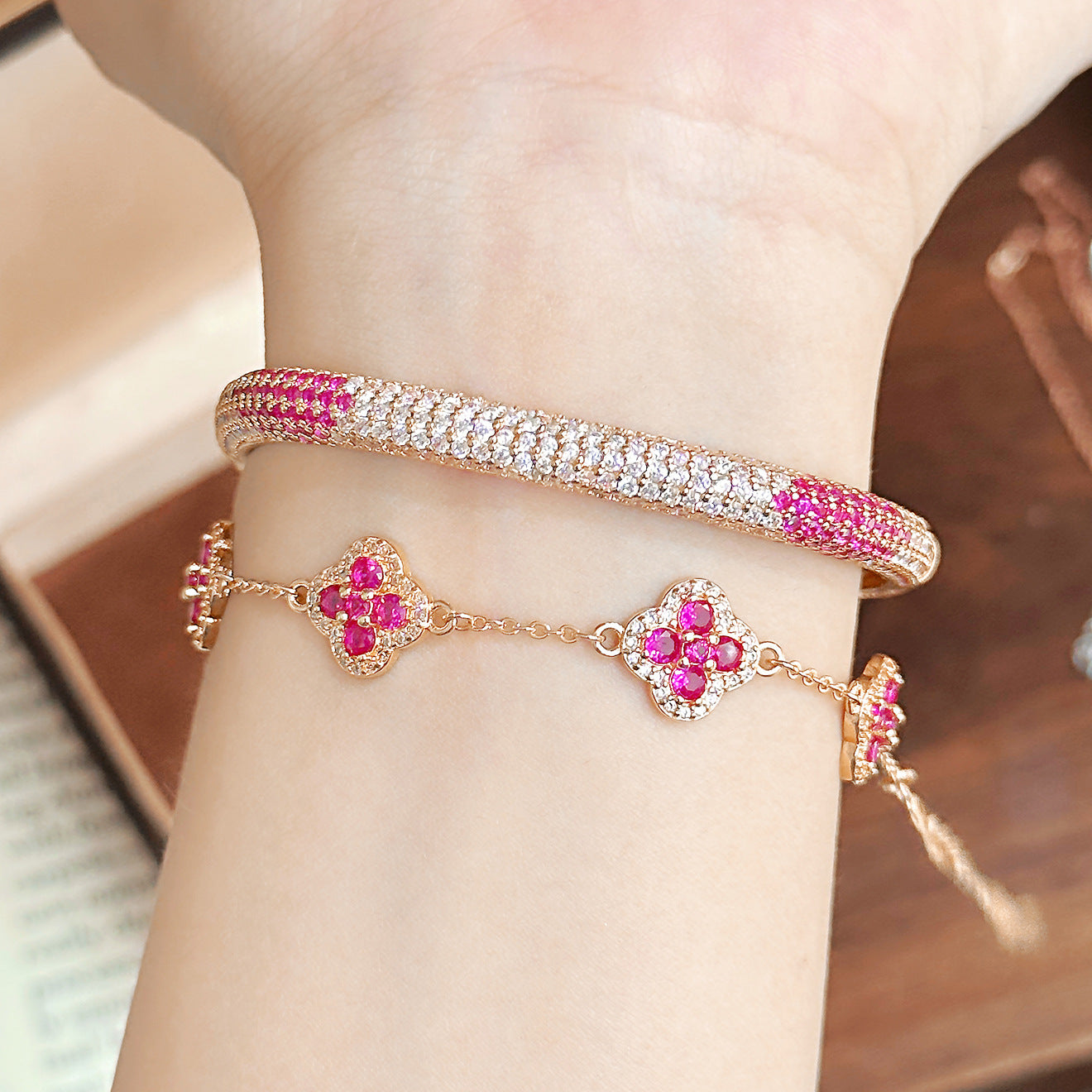 Peach Pink Gradient Full Pavé Bracelet – Champagne Gold