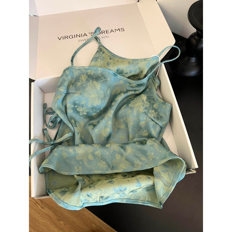 Elegant Chinese-Style Ice-Silk Pajamas – Adjustable Camisole & Wide-Leg Pants