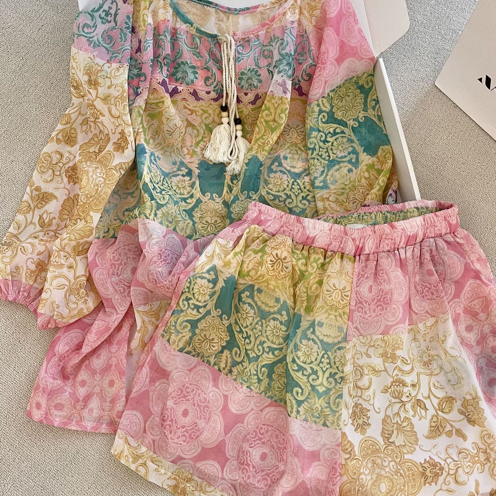 Ethnic Dopamine Short-Sleeve Pajama Set – Colorful Print, Shorts, S-3XL