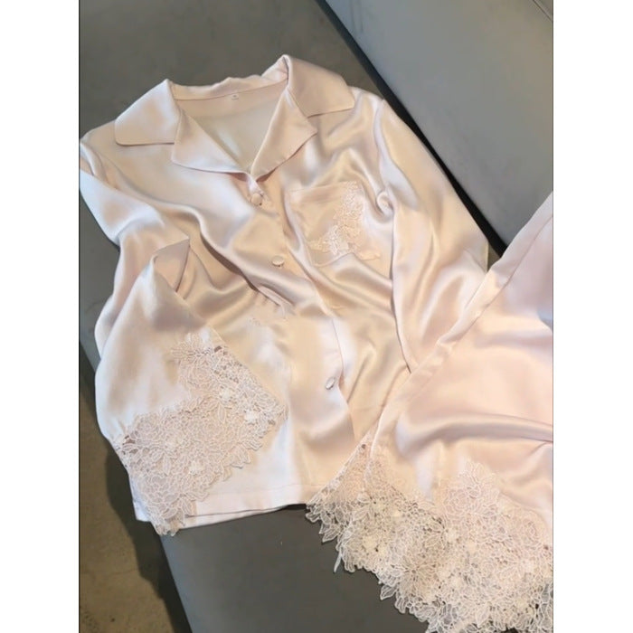 French Chic Lace Ice-Silk Pajama Set – Lightweight Long Sleeve, M-XXL