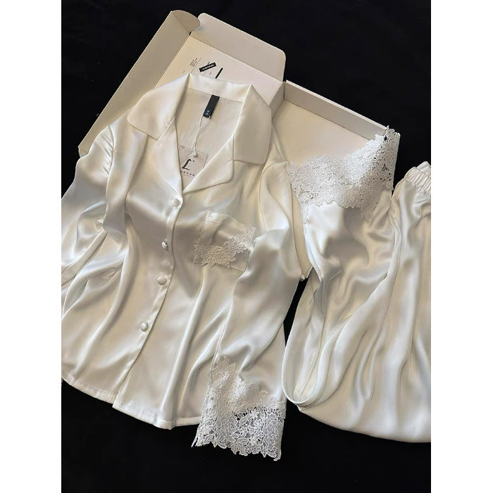 French Chic Lace Ice-Silk Pajama Set – Lightweight Long Sleeve, M-XXL