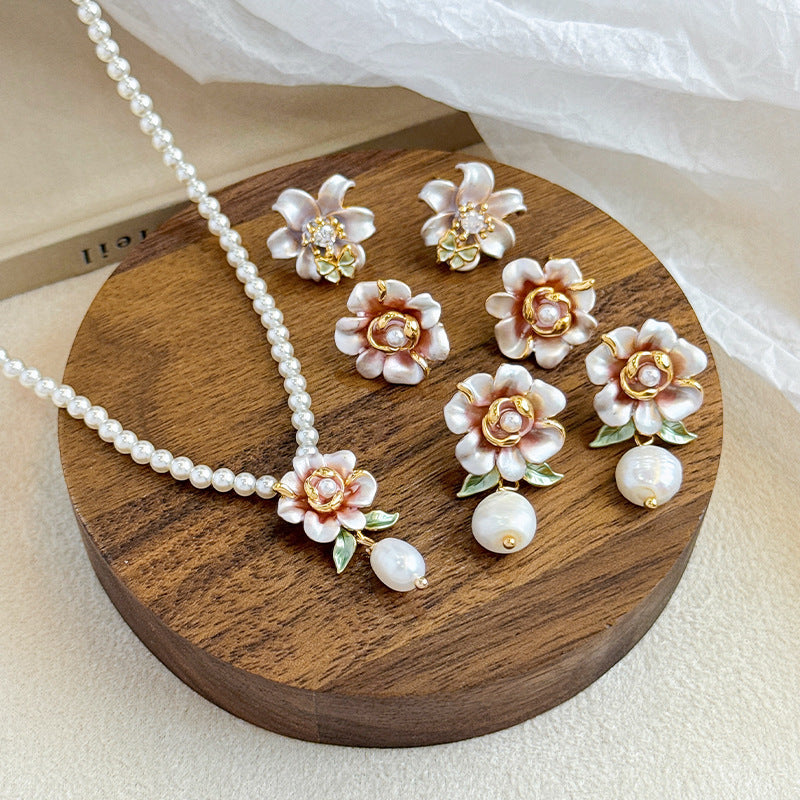 Elegant Camellia Pearl Set – 18K Gold Plated Necklace & S925 Earrings