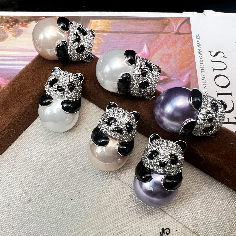 Panda Pearl Studs – Swarovski Elements, 925 Silver, Purple/White/Skin